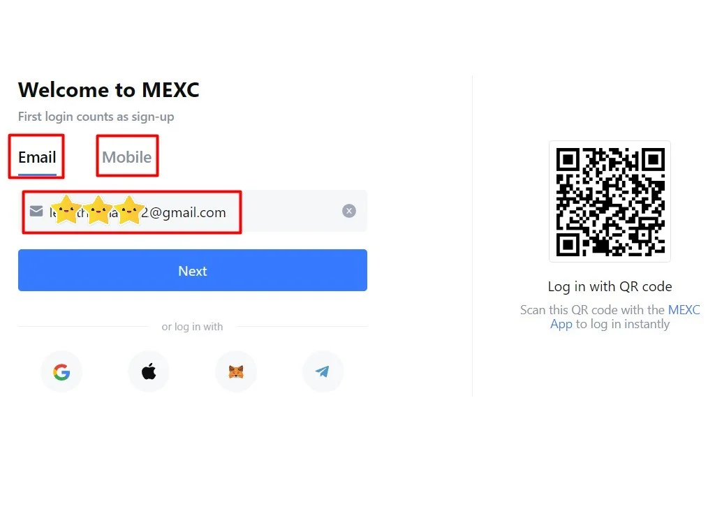 Chọn đăng nhập vào sàn Mexc bằng email hoặc số điện thoại